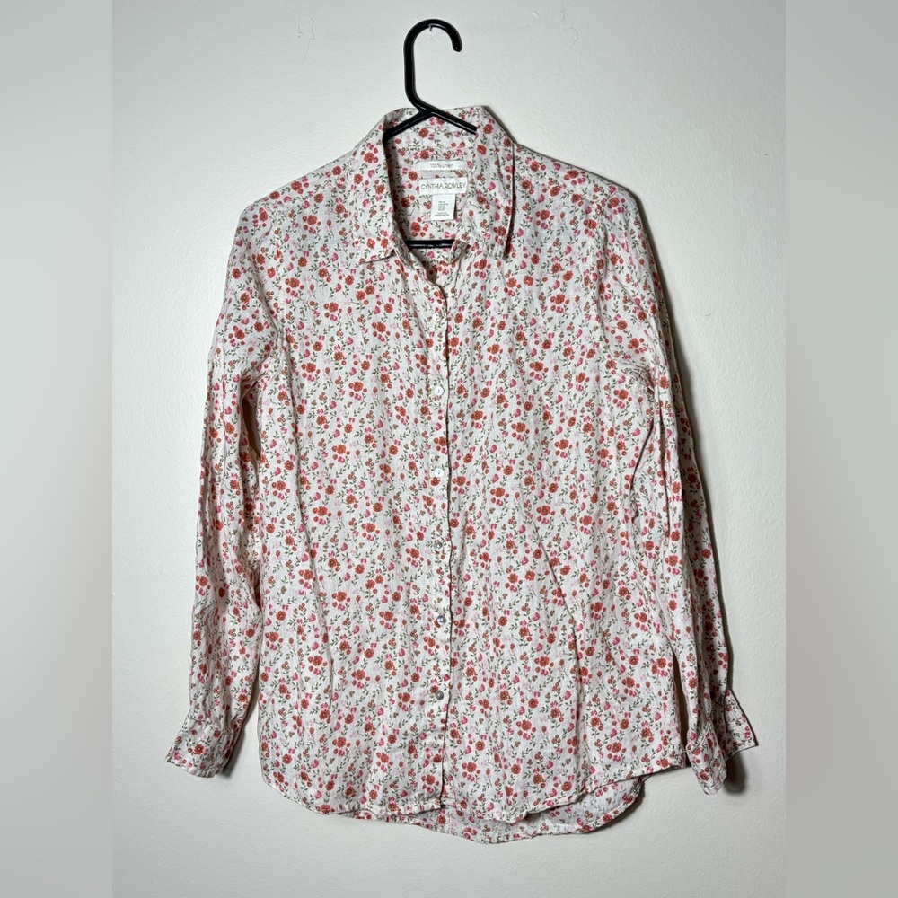 Cynthia Rowley Shirt Womens Large White Pink Floral 100% Linen Roll Tab Sleeves
